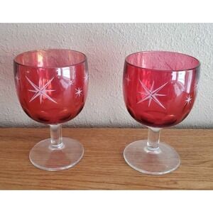 Vtg MCM Bartlett Collins Etched Atomic Starburst Red Thumbprint Goblets Set Of 2